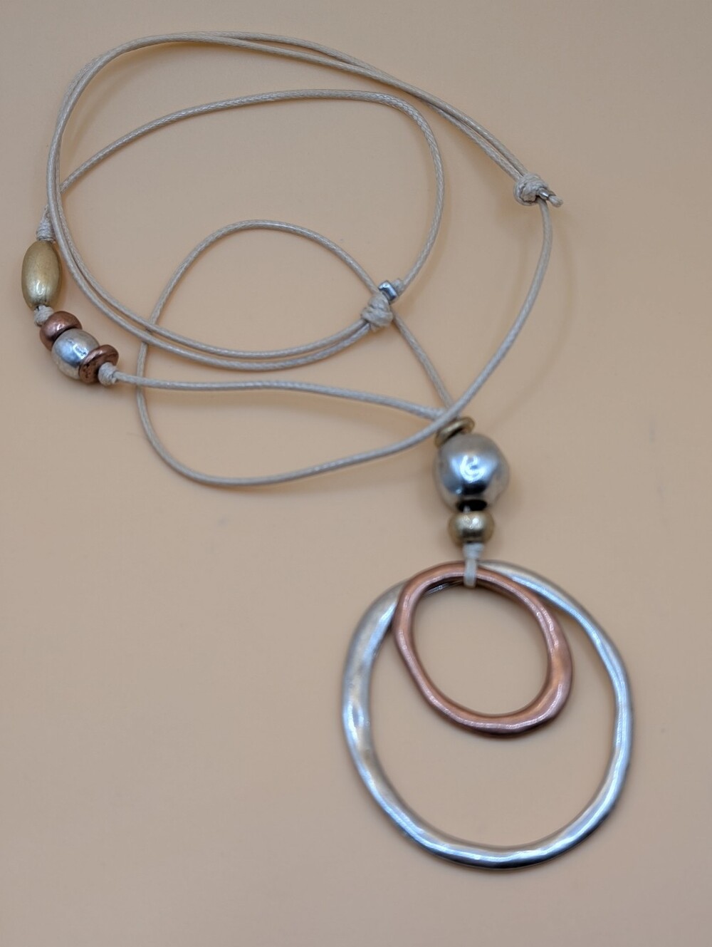J Jill Mixed Metal Necklace Adjustable Cord Double Circle Pendant Boho Artisan